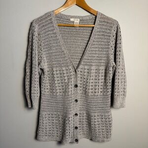 Women's Y2K Gray Crochet Knit Button Front Cardigan Sweater XL V-Neck Grannycore